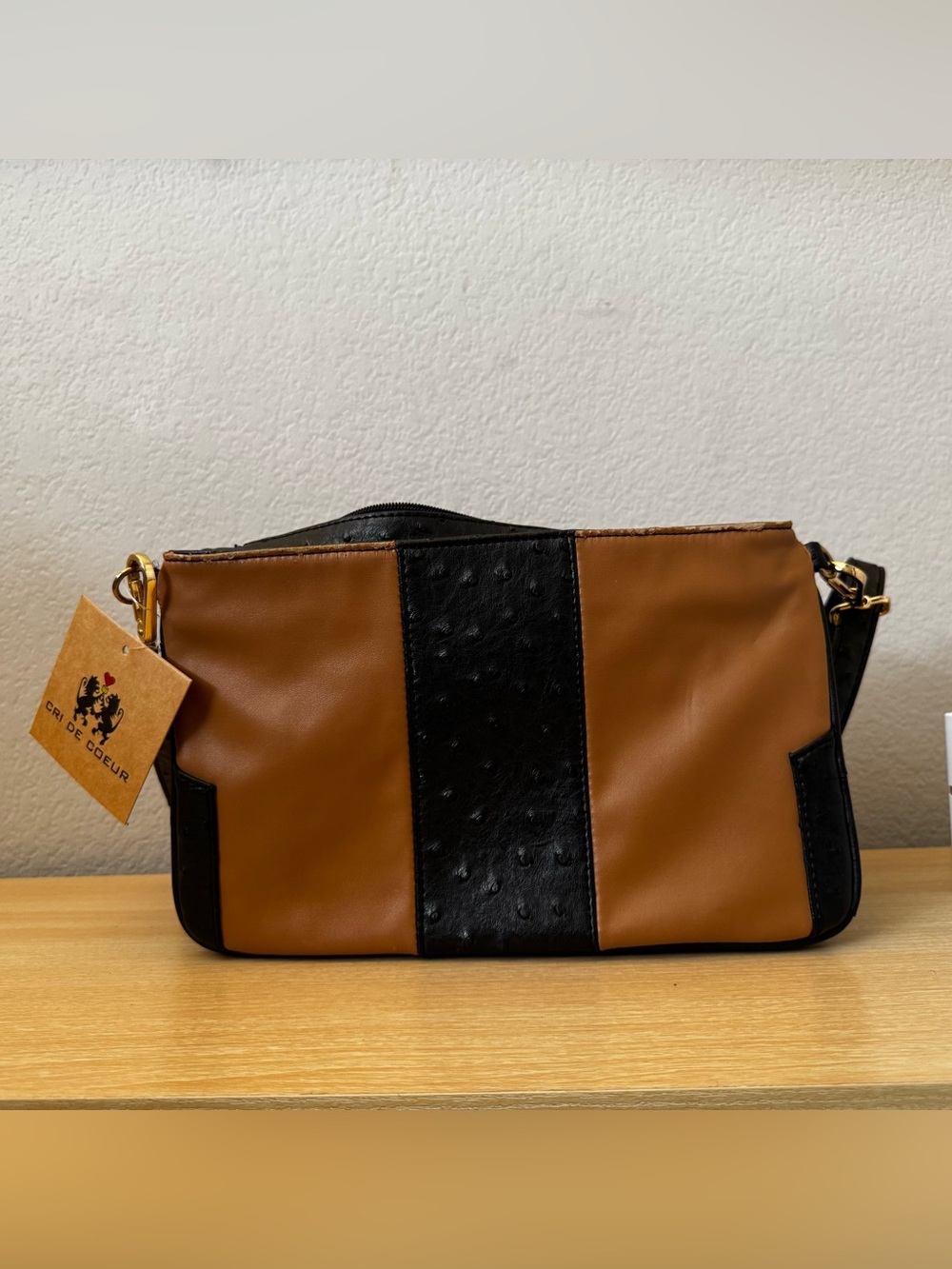 Two-Tone Tan & Black Crossbody Bag with Gold Hardware